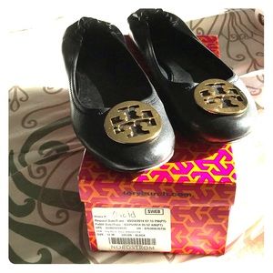 Sz12 Tory Burch Reva Ballerina Black w/Gold